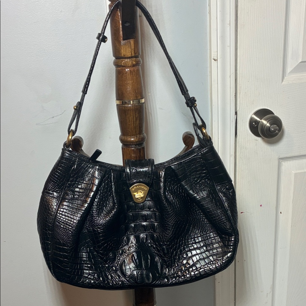 Black Croc-Embossed Shoulder Bag with Gold Accent